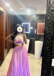 Floral Print Halter Neck  Blouse With Wide Lahenga