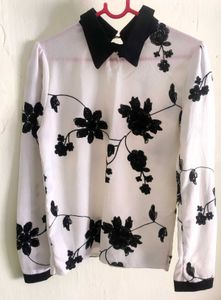 Embroidered Long Sleeve Cut-and-Sew Blouse