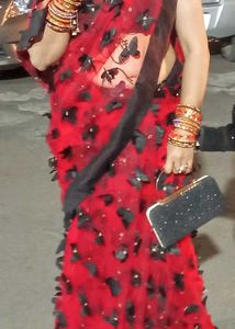 Red Floral Saree With Free Clutch