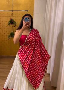 White And Red Real Mirror Work Lehenga