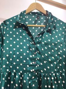 Vintage-Inspired Green Polka Dot Shirt Dress