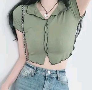 Olive Green Ruffle Trim Crop Top