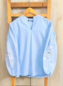 Chic Blue Embroidered Sleeve Top size-42