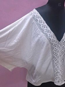 White Lace V-Neck Top Loose Fit