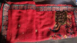 Red Saree With Peacock  Design   And  Stone Work