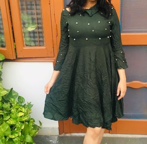 Pearl Beaded Dark Green Dress