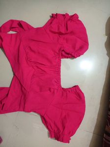 Hot Pink Puff Sleeve lace square neck Crop Top