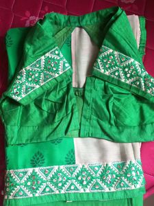 Green Mirror Work Saree with Blouse