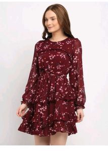 LA Zoire Maroon Floral Tiered Dress With Ruffle