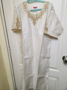 Cream And Orange Chanderi Silk KURTI