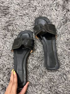Black Leather Slides
