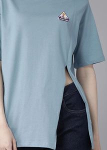 Blue Graphic T-Shirt front side slit t-shirt