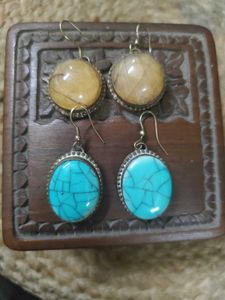Vintage Pure Brass Natural Stone Earrings