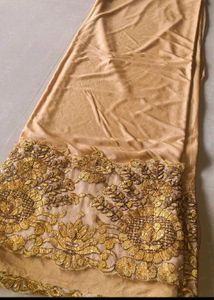 Golden Lycra Silk Floral Embroidered Lace Saree