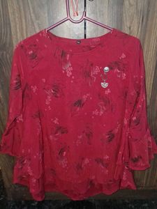 Red Floral Print Ruffle Sleeve Blouse