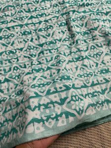 Teal &amp; White Patterned Saree