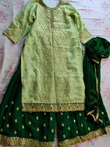 Green & Gold Embroidered Sharara Kameez