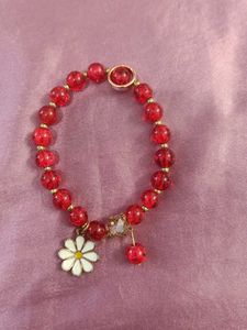 Red Beaded Daisy Charm Bracelet