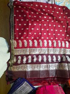 Maroon &amp; Silver Patterned Saree