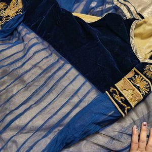 Elegant Blue &amp; Gold Embroidered Anarkali