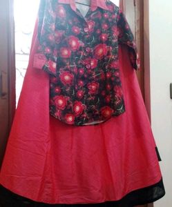 Rose Print Top & Red Skirt Set