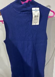 Blue Sleeveless Turtleneck Top