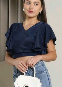 Stylish Navy Blue Flutter Sleeve Top