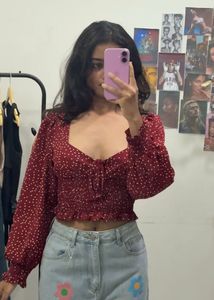 Maroon Red Polka Dot Top Sweetheart Neckline