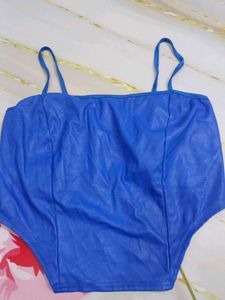 (200)Blue Faux Leather Bodysuit