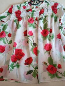 White Top With Beautiful Red Rose Print..