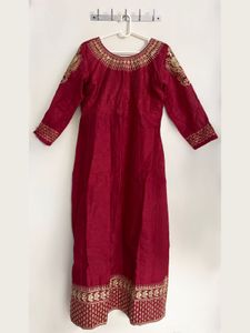 Cherry Red Silk Anarkali with Gold Embroidery
