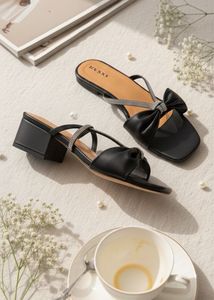 Black Bow Block Heel Sandals