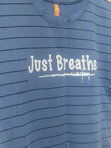Blue Striped &#34;Just Breathe&#34; Tee