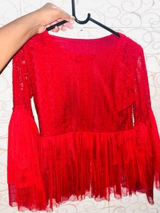 Elegant Red Lace &amp; Net Flared Top