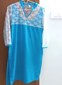 Mesh Detailed Blue & White Kurta