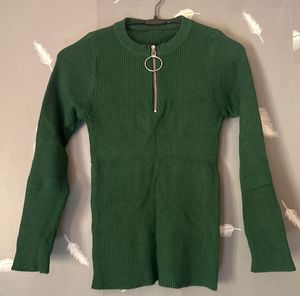 Green Ribbed Zipper Top