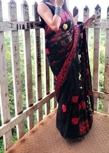 Red &amp; Black Saree with Sheer Details