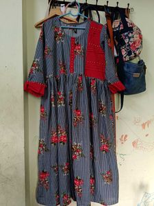 Floral Striped Dress with Red Accents