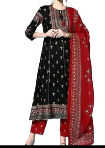 Black And Red Anarkali Suit Set In Pure Cotton
