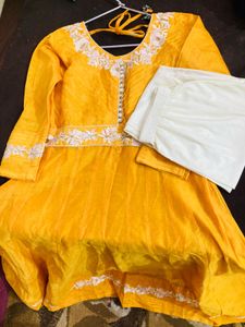 Yellow Anarkali Kurta Pant Set