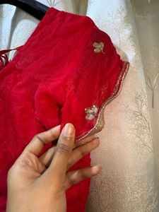 Green Gota Patti Saree with red blouse