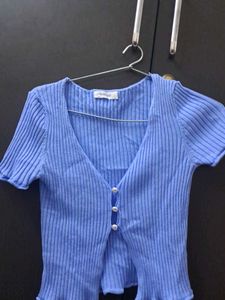 Blue Ribbed Knit Cardigan