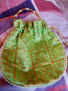 Green &amp; Gold Embroidered Potli Bag