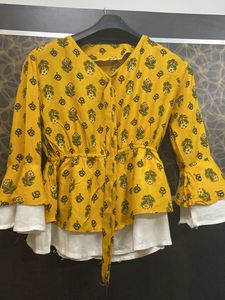 Mustard And White Printed Top