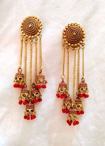 Golden Jhumka Earrings with Red Beads 💎