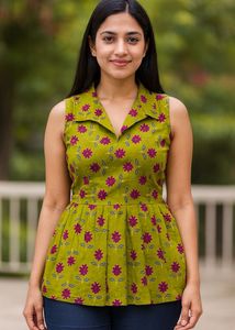Cotton Green Floral Peplum Short top / Kurti