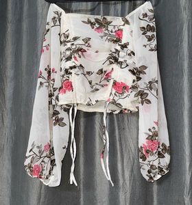 Floral Ruched Crop Top with Puff Sleeves