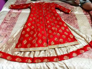Elegant Red Banarasi Anarkali Set with Golden Moti