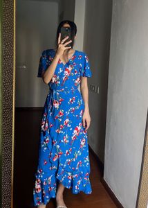 Floral V-Neck Ruffle Midi Wrap Dress