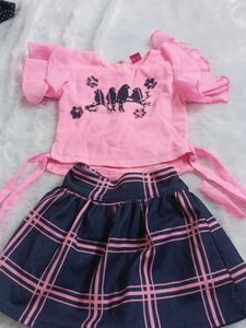 Pink Bird Top &amp; Plaid Skirt Set